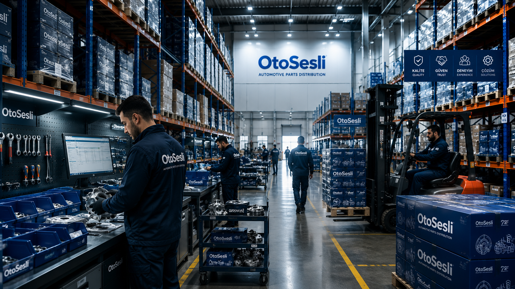 OtoSesli deposunda ürün kontrolü yapan ve sevkiyat hazırlayan uzman ekibimiz